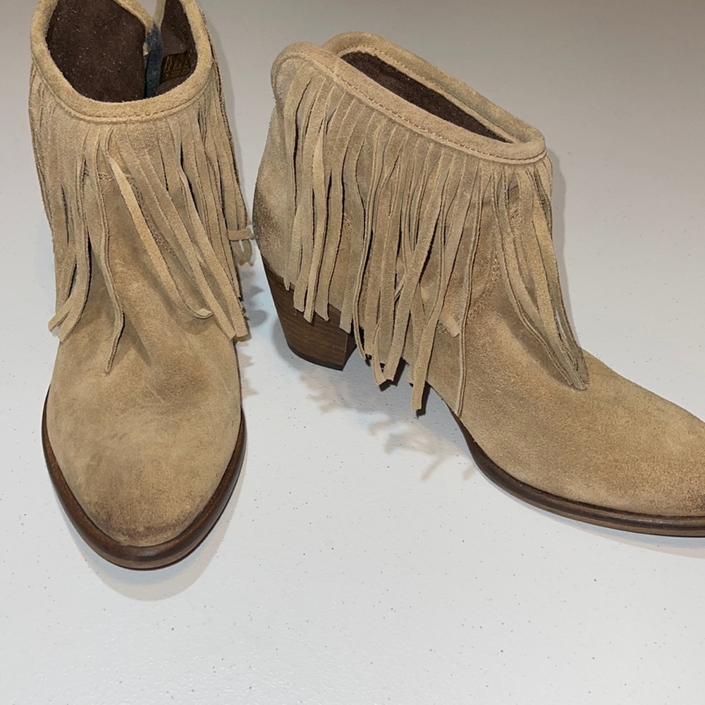 Is to Me tan suede fringe western ankle boot